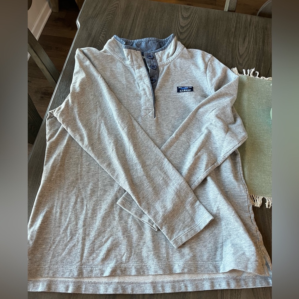 LL Bean Womens Button Mock Rugby Pullover Gray Chambray Trim Soft Cotton Size L